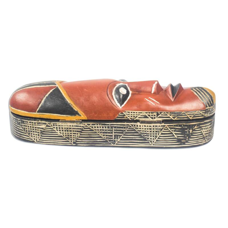 Handmade African Pride Wood decorative box (Ghana) - 3.9" H x 7.75" W