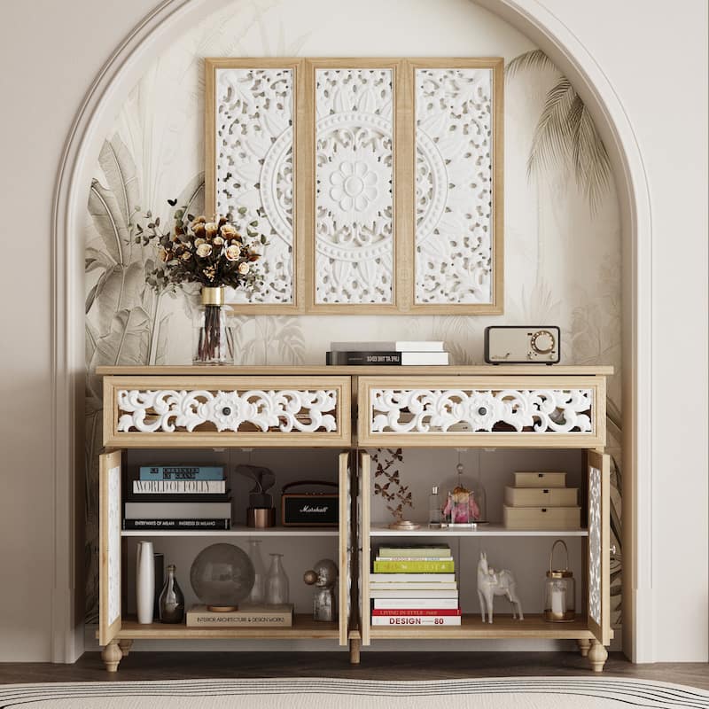 Booksheves Boho Entryway Display Cabinet w Wall Décor White Hollow Carved Panels Sideboard