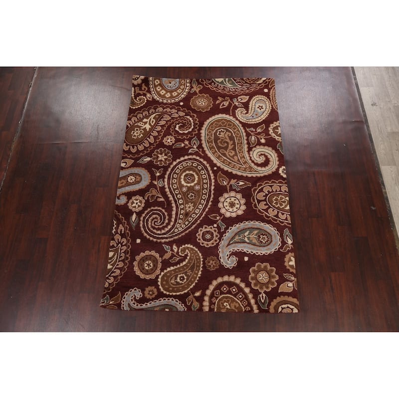 Floral Paisley Oriental Red Wool Area Rug Hand-tufted Office Carpet - 5'0" x 8'0"