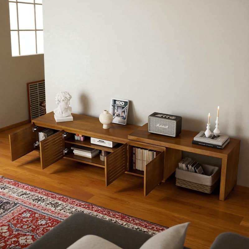 63" Mid-Century Modern Extendable TV Stand for 75 Inch TV, Wood Media Console with Storage & Adjustable Panel
