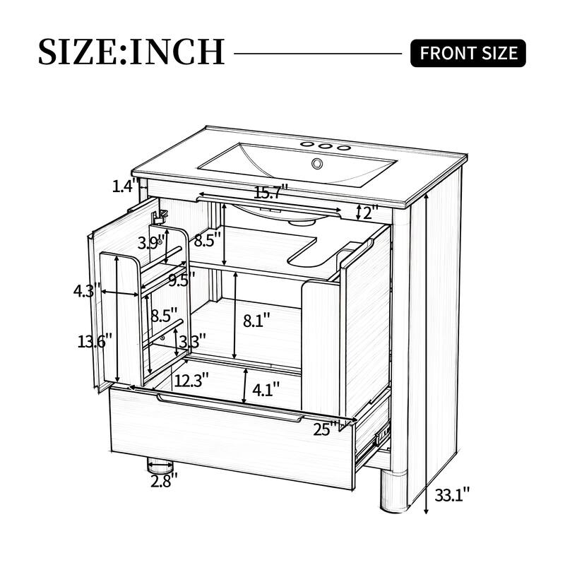 30"Softened Modern Bathroom Vanity with Ceramic Sink, Solid Wood Frame, Soft-Close Doors & Drawer, Adjustable Shelf