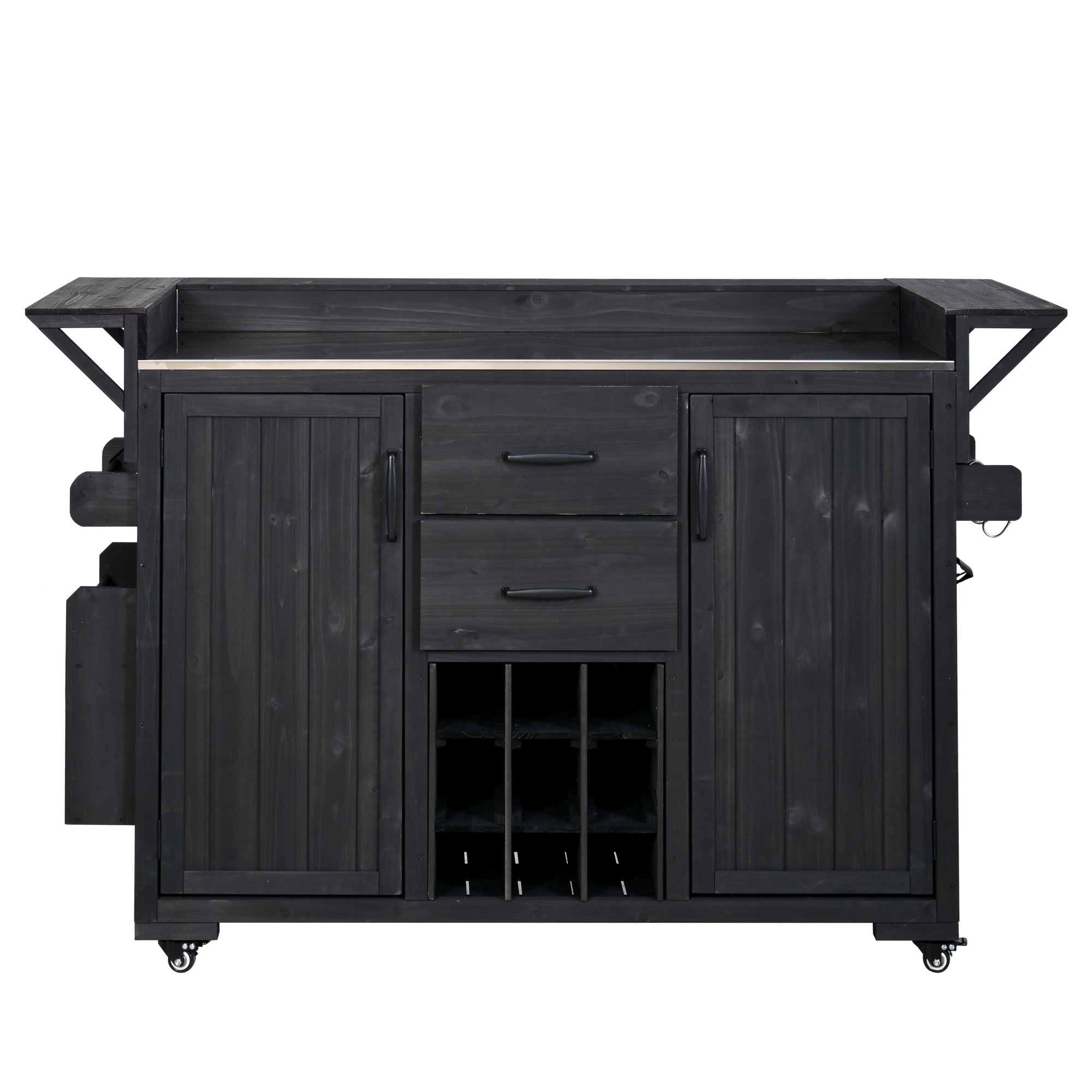 60.2"W Rolling Outdoor Kitchen Island with Wheels and Stainless Steel Top, Wood Grill Cart with Spice Rack&Wine Rack