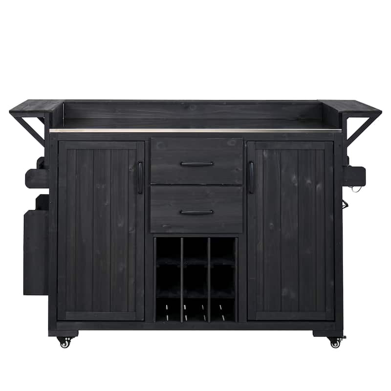 60.2"W Rolling Outdoor Kitchen Island with Wheels and Stainless Steel Top, Wood Grill Cart with Spice Rack&Wine Rack - Black