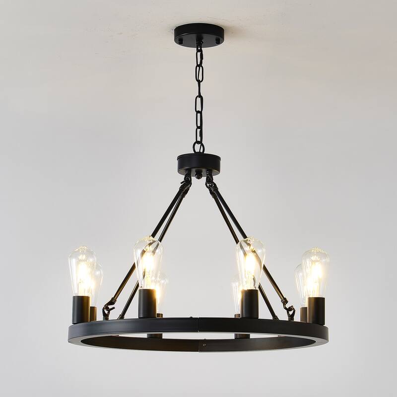 Farmhouse Style Small Round Ceiling Light 8-Lamp Wagon Wheel Chandelier, for Kitchen Island, Dining Room and Living Room