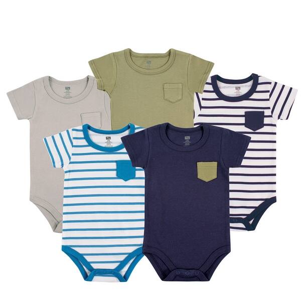 slide 1 of 1, Hudson Baby Infant Boy Cotton Bodysuits 5pk, Basic Pocket 0-3 Months - Basic Pocket