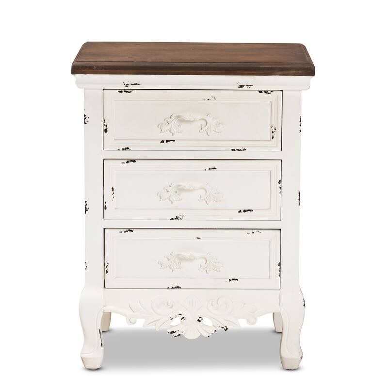 Baxton Studio Levron Classic and Traditional Walnut Brown and Antique White Finished Wood 3-Drawer End Table