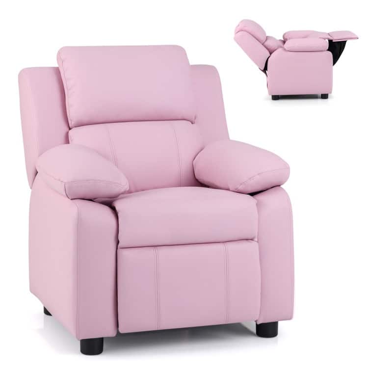 Kids Deluxe Headrest Recliner Sofa Chair with Storage Arms - 25" x 25.5" x 29" (W x D x H) - Pink