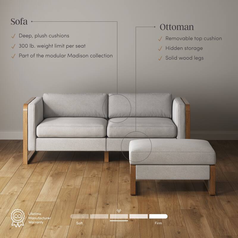 Madison Modern Upholstered Modular Sofa or Couch for Living Room with Solid Wood Legs