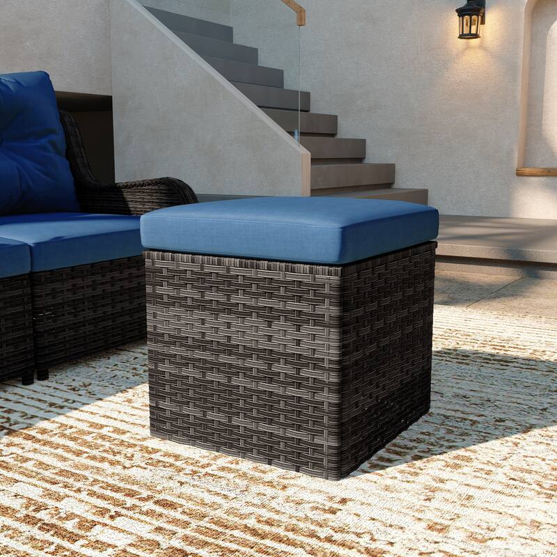 Outdoor Wicker Square Storage Ottoman with Plush Cushion - GreyBase-Blue