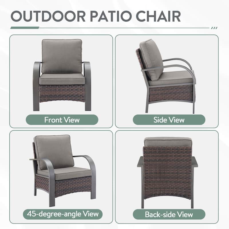 Outdoor 3-Seat Sofa 2 Single Chair and 2 Ottoman - Grey Cushion - Brown