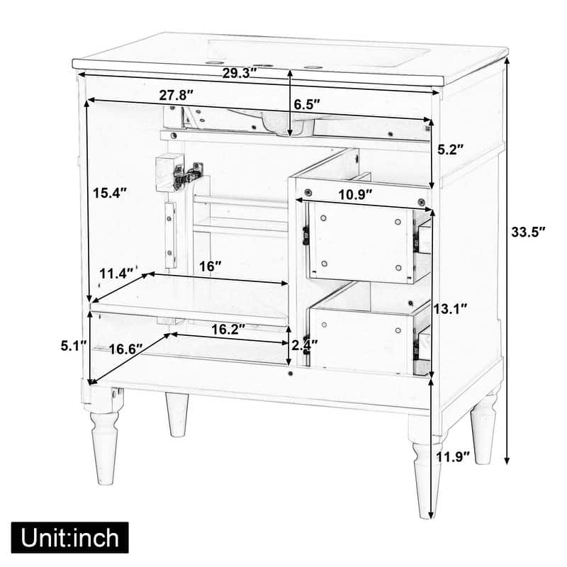 36" Bathroom Vanity with Sink, Freestanding Bathroom Cabinet with Ceramic Basin, Flip Drawer