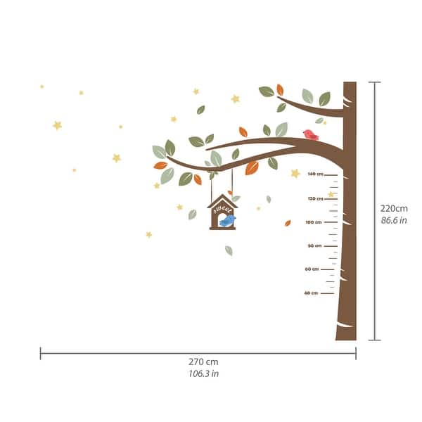 dimension image slide 5 of 6, Walplus Sweet Birds Measurement Tree Wall Sticker Nursery Decor Decal