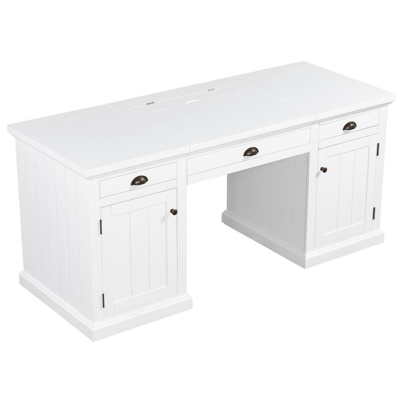 67-Inch Modern Executive Computer Desk with 2 Wooden Doors Storage Cabinet & 3 Drawers