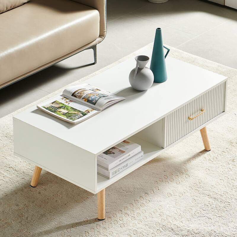 Rectangle Coffee Table with Solid Wood Legs, Sliding Drawer for Storage, Modern Table for Living Room