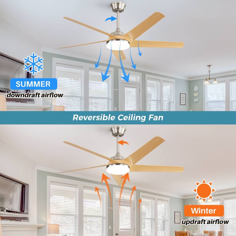 52 Inch Brushed Nickel Ceiling Fan with Dimmable LED Light and Remote Control, Quiet Reversible DC Motor Ceiling Fan Chandelier - Brushed Nickel