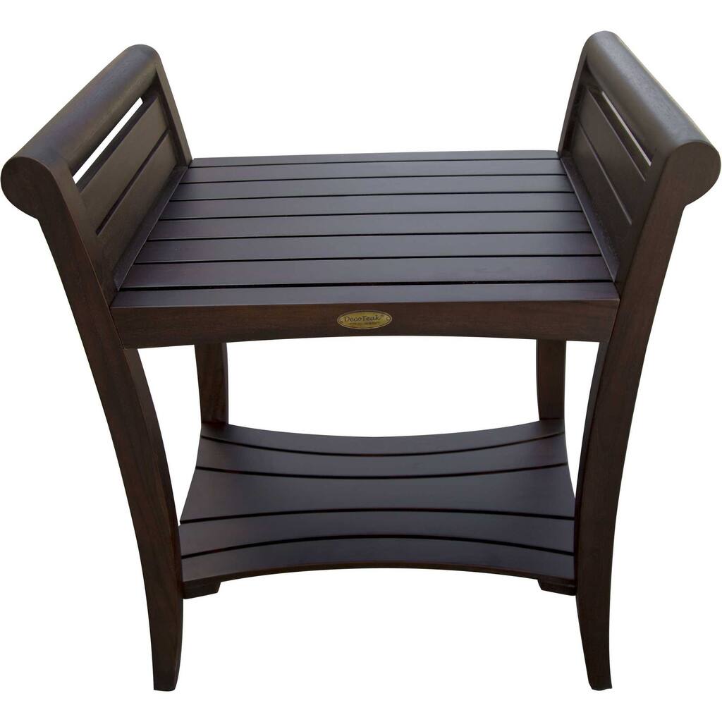 Compact Rectangular Teak Shower / Outdoor Bench with Shelf and Curved Liftaide Arms in brown Finish