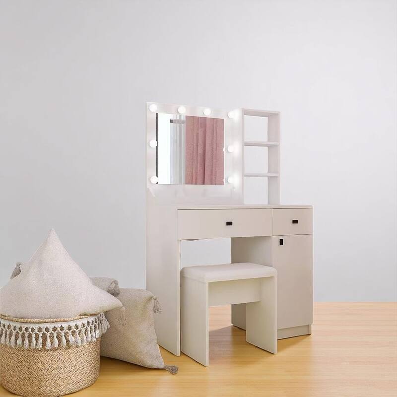 35" Makeup Vanity Table with Lighted Mirror, Hidden Storage Cabinet, Drawers & Touch Control Lighting Modes
