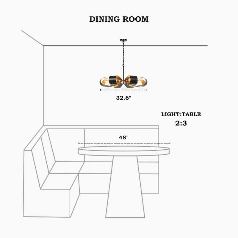 Modern Industrial 8-Light Chandelier Black Gold Floral Pendant Light for Living Room and Dining Room - 32.6 " × 15.8 "