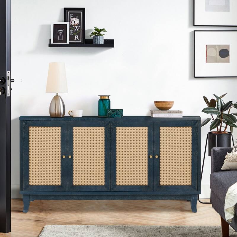 Rattan Sideboard Buffer Cabinet With 4 Rattan Doors, Adjustable Shelves, Storage Modern Storage Cabinet, Cupboard Console Table - Blue