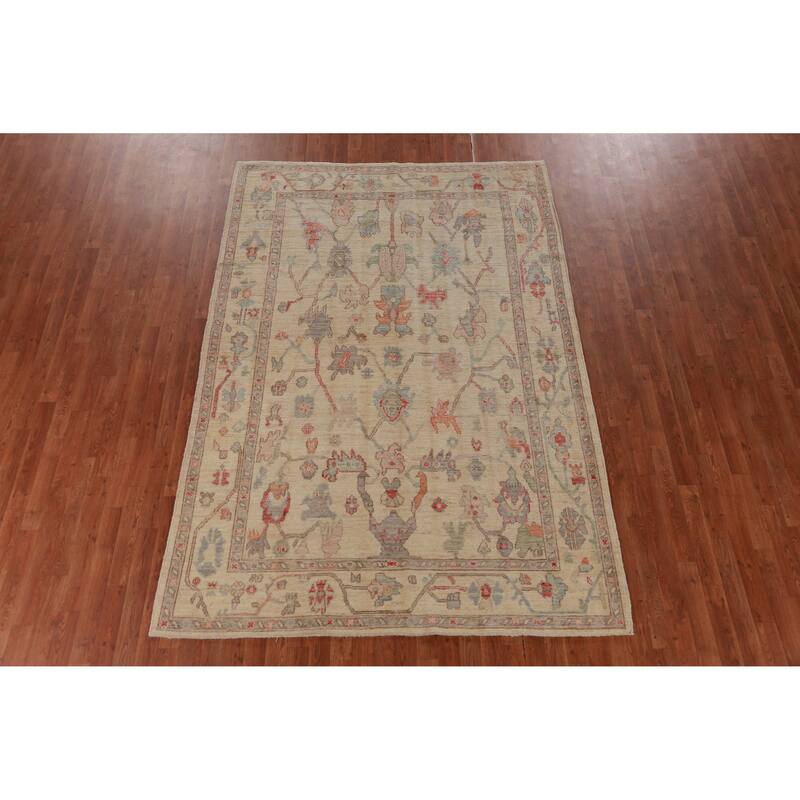 Hand Knotted Oriental 100% Wool Carpet Transitional All-Over Beige & Ivories Oushak Area Rug - 9' 2'' X 6' 2''