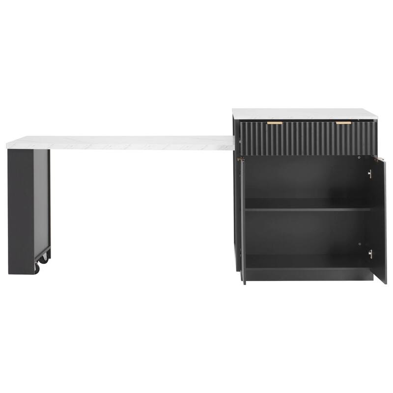 82.6" Fluted Kitchen Island with Extendable Table, Power Outlet & Storage for 4-6