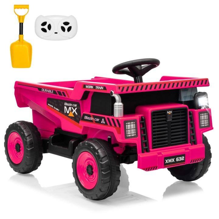 12V Ride-On Dump Truck with Remote Control, Automatic Lift Bed, Shovel & Music Player – for Kids Ages 3–8 - Rose Red