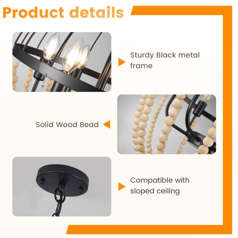 6-Light Metal Chandelier with Wooden Beads