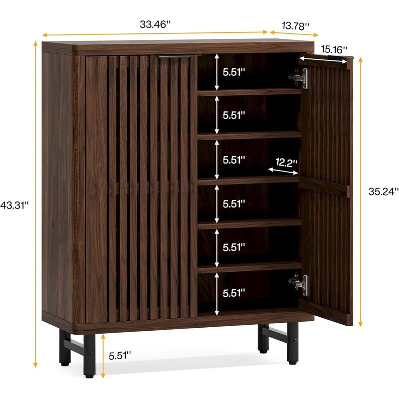 6-Tier Bathroom Floor Cabinet 2 Shutter Doors Adjustable Shelves Wooden Storage Sideboard for Kitchen/Living Room
