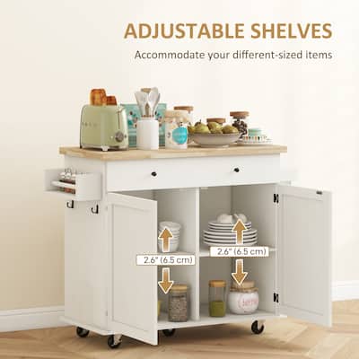 Kitchen Island with Rubberwood Top, Rolling Kitchen Cabinet with Drawer, Kitchen Cart with Spice Rack