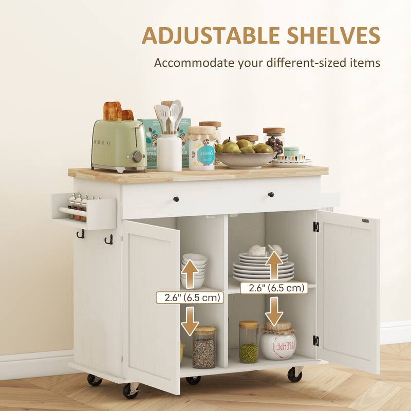 Kitchen Island with Storage, Farmhouse Rolling Kitchen Island cart on Wheels with Drawer, 2 Cabinets, Rubberwood Top