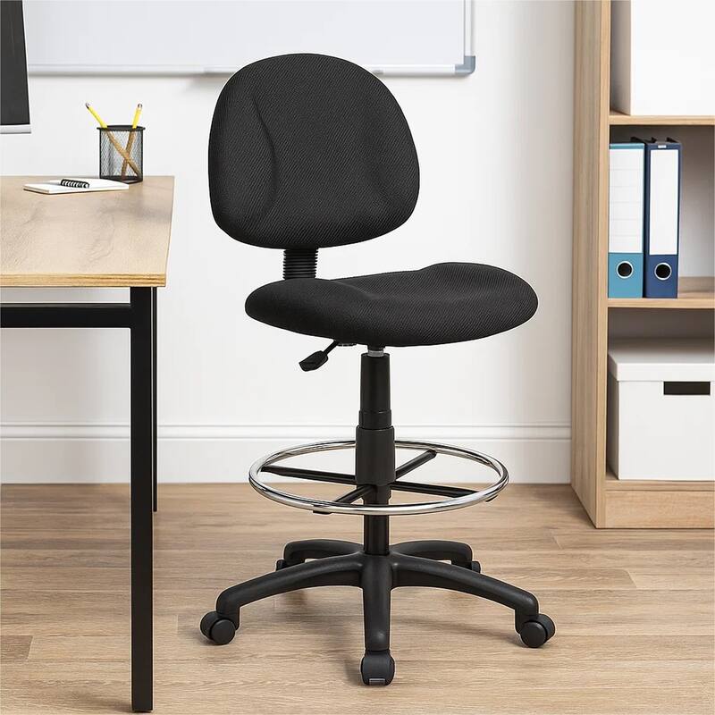 Jea Drafting Stool Chair, Black Tweed, Contoured Back and Footring