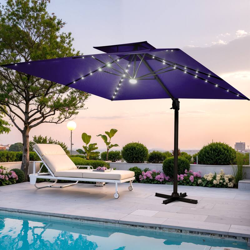 Pellebant 9x11FT Outdoor Dual Top Cantilever Patio Umbrella LED Light - NavyBlue