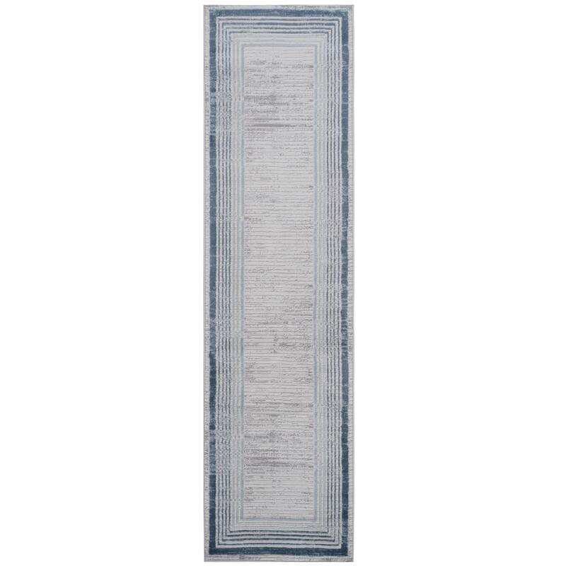 LOOM & LUXE Collection Blue/Ivory/Bordered Non-Shedding Area Rug - 96" D x 26" W x 0.35" H