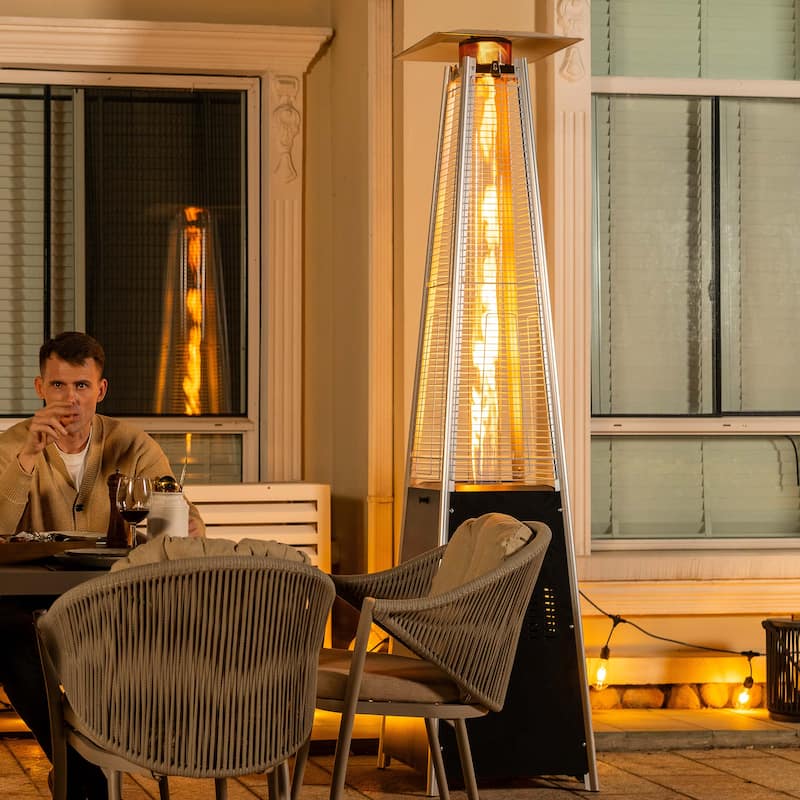 Outdoor 48,000 BTU Pyramid Propane Gas Patio Heater with Wheels, Glass Tube, Black