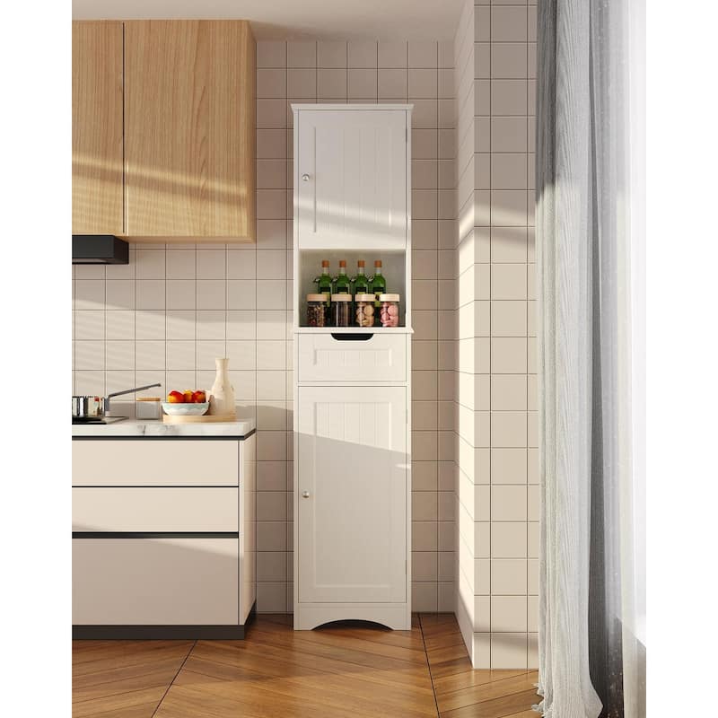 Freestanding Narrow Tall Bathroom Storage Cabinet with Adjustable Shelves, Door and Open Shelves