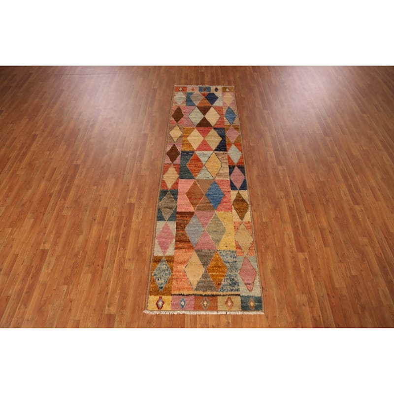 Geometric Moroccan Runner Rug Handmade Multi-Color Wool Carpet - 2'10" x 9'10"