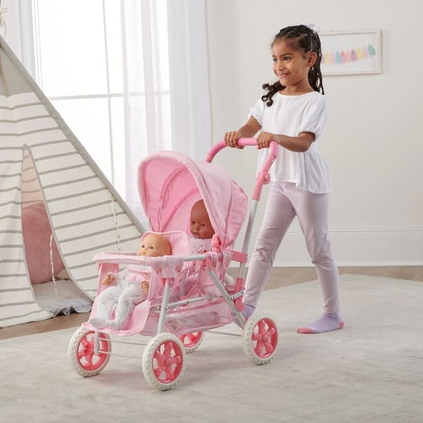slide 2 of 7, Badger Basket Folding Double Front-to-Back Doll Stroller - Pink/Gingham