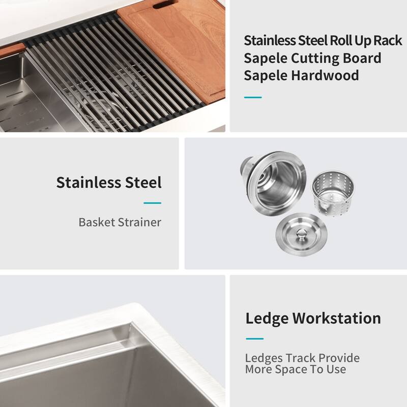 Farmhouse Kitchen Sink Stainless Steel 16 gauge Apron Front Basin with Workstation - Brushed Nickel