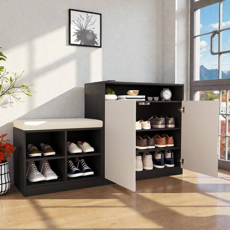 Entryway Shoe Cabinet with Bench, 2-Door Storage Console with Adjustable Shelves, 4 Open Shoe Racks & Cushion