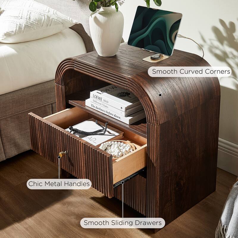Modern Fluted Nightstand with Charging Station, Arched End Table