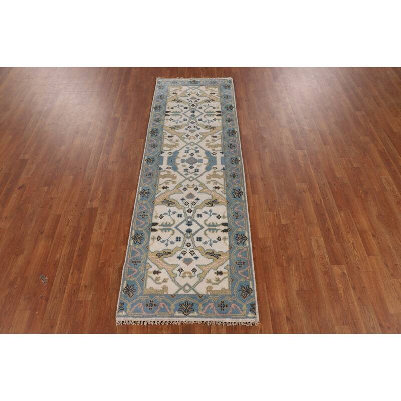 Ivory & Light Blue Oushak Oriental Runner Rug Hand-Knotted Wool Carpet - 2'7"x 7'9"