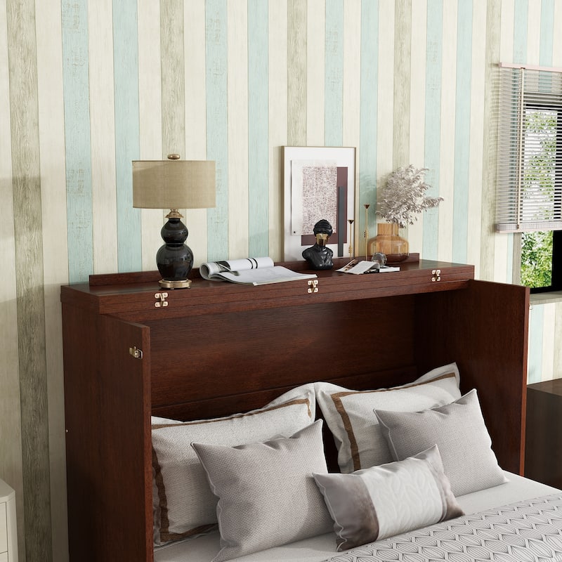 Queen Size Wall Murphy Bed, Pine Wood Foldable Cabinet Bed with Rattan Decoration and Storage Drawer, Wood Slats Support