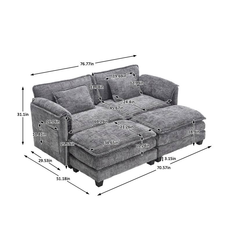 76.77" Chenille Upholstered Sofa with 2 Ottomans