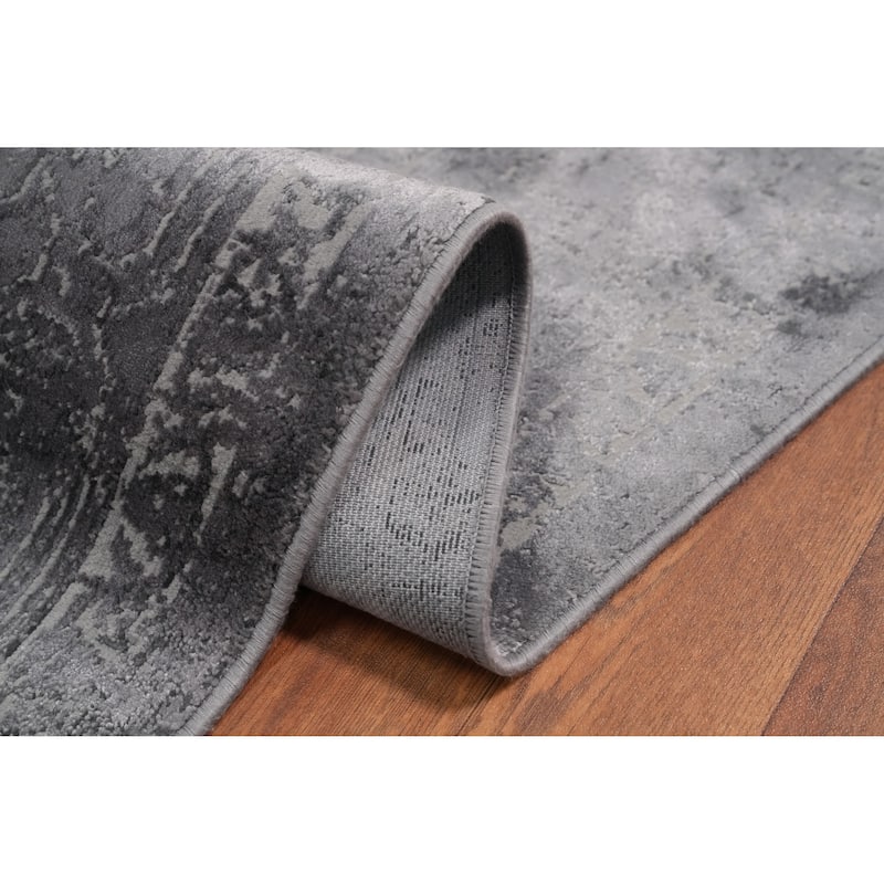 Machine Made Oriental Polyester Carpet Traditional Medallion Greys & Charcoal Tabriz Area Rug - 8' 0'' X 4' 9''