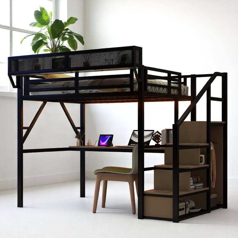 Metal Loft Bed Full/Queen with Desk, LED Lights, USB Ports, Shelves, Staircase and Built-In Wardrobe for Teens