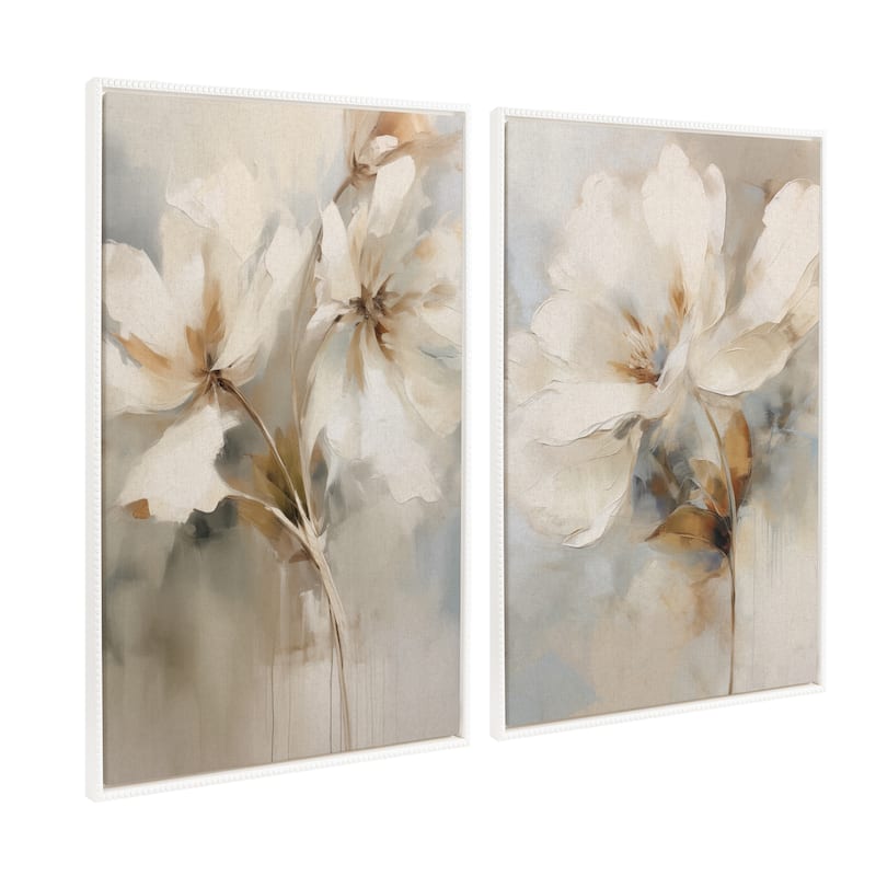 Kate and Laurel Sylvie Beaded Abstract Botanical Canvas - 2 Piece Set 28x38 - Ivory