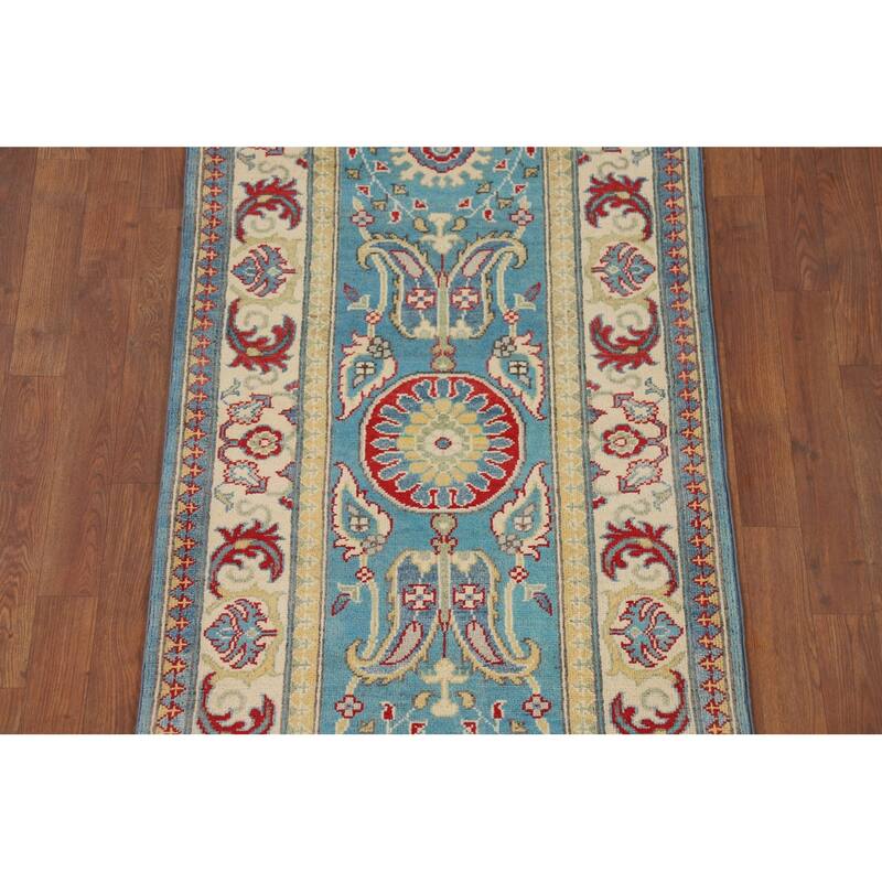 Blue Geometric Kazak Oriental Runner Rug Handmade Wool Carpet - 2'9" x 9'8"