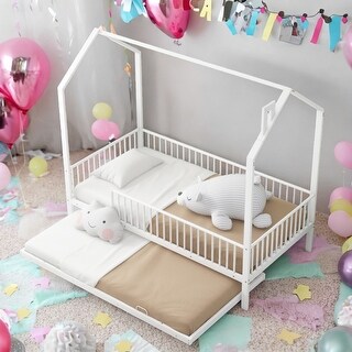 Twin Size House Bed with Semi-enclosed Fence and Twin Size Trundle