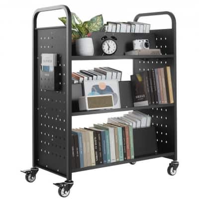 Black Heavy Duty Steel Rolling Book Cart with High Shelves and Side Compartments Silent Wheels