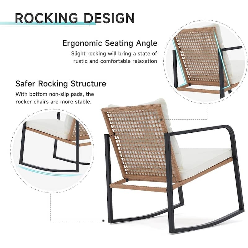 3 Pieces Rocking Wicker Bistro Set, Patio Outdoor Furniture Conversation Sets with Porch Chairs and Glass Coffee Table